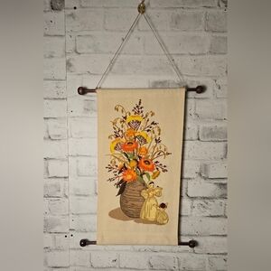 Vintage Embroidered Floral Wall Hanging – Warm Autumn Bouquet Tapestry